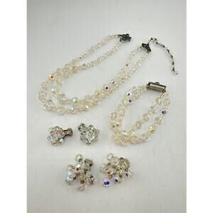 Vintage Aurora Borealis Jewelry  Crystal Clip-on Earrings, Bracelet and Necklace